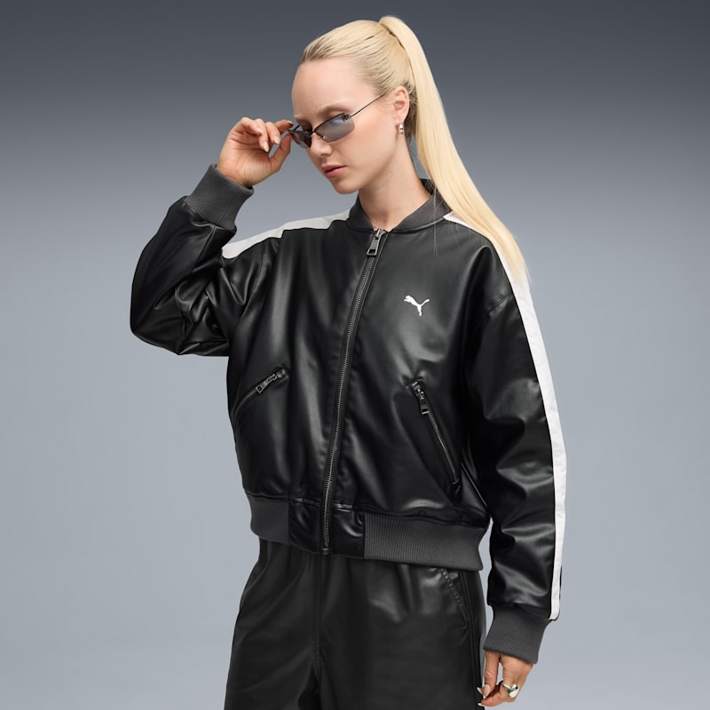 T7 Women's Pleather Bomber Jacket